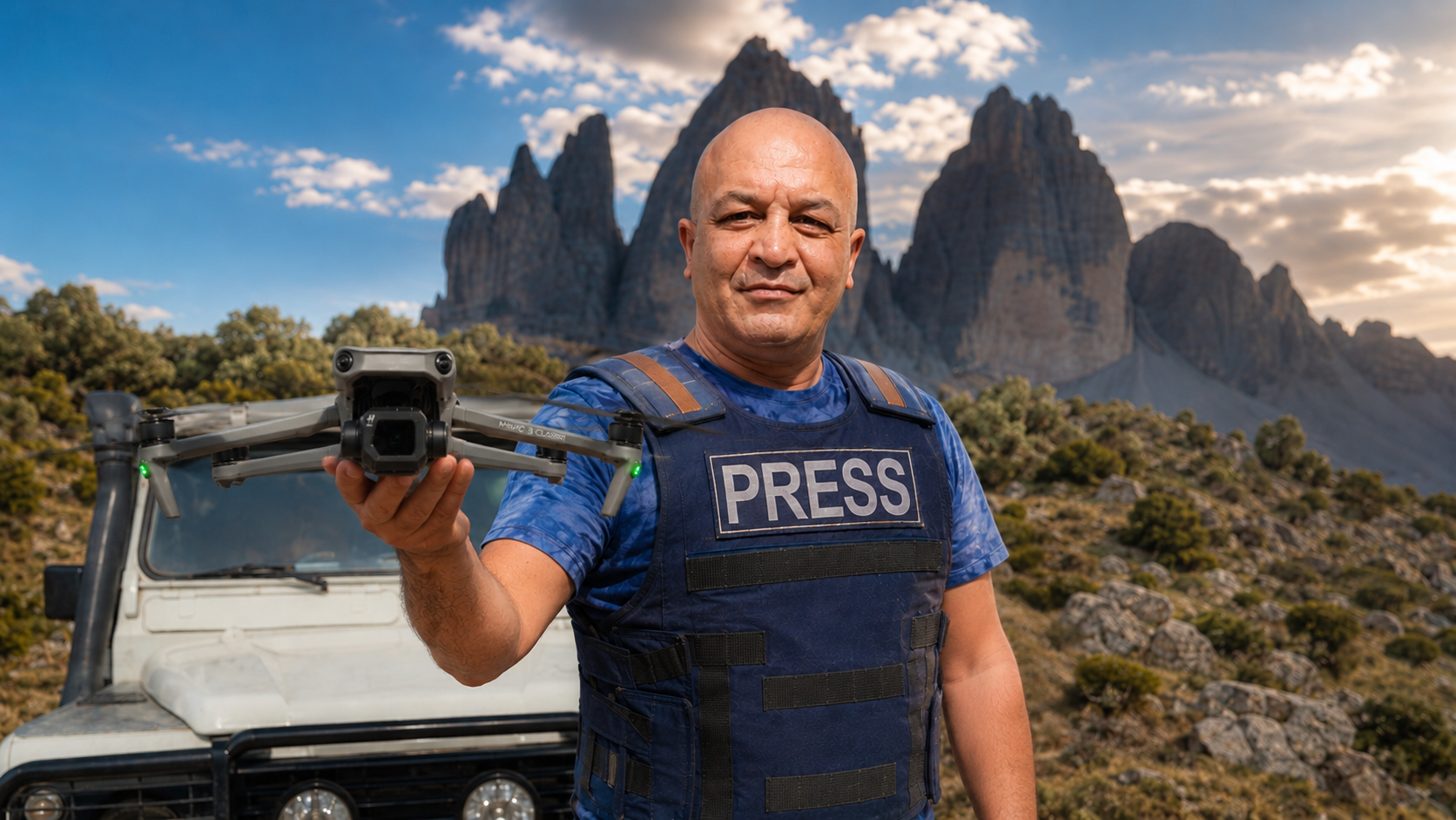Bourbiza Mohamed documentary filmmaker with drone and PRESS vest Bourbiza Mohamed documentary filmmaker holding a drone and wearing a PRESS vest