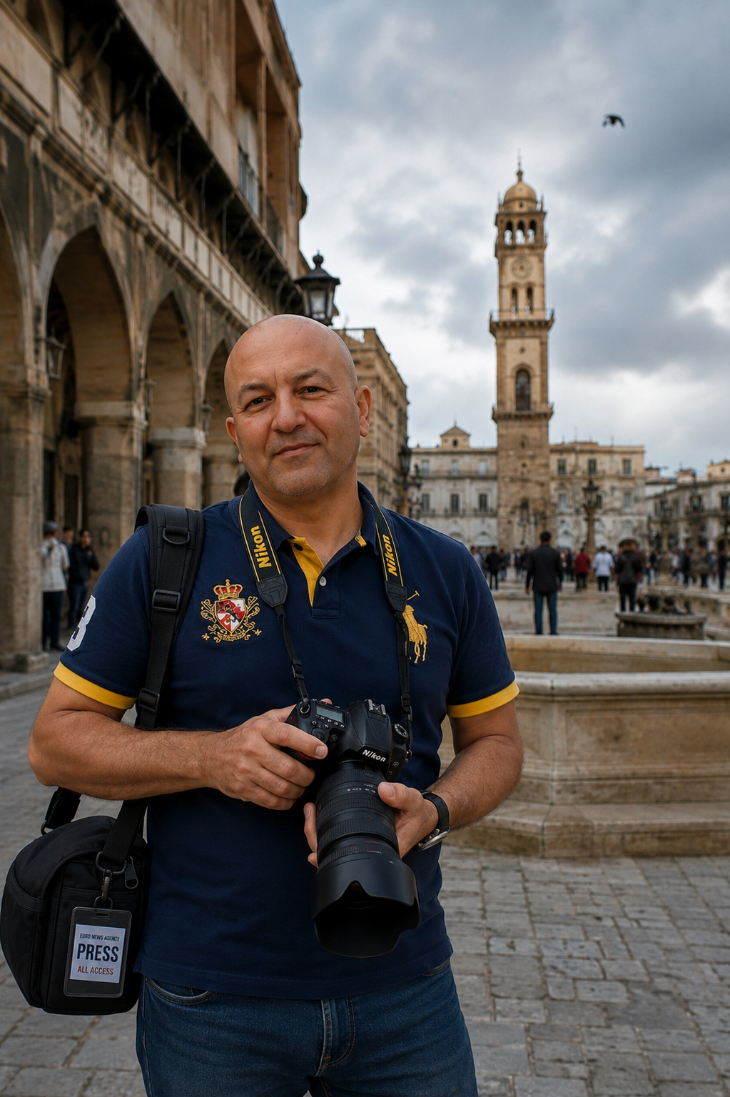 Travel journalism field photography with Nikon camera and press badge Bourbiza Mohamed with a Nikon camera and Euro News Agency press badge during travel journalism work
