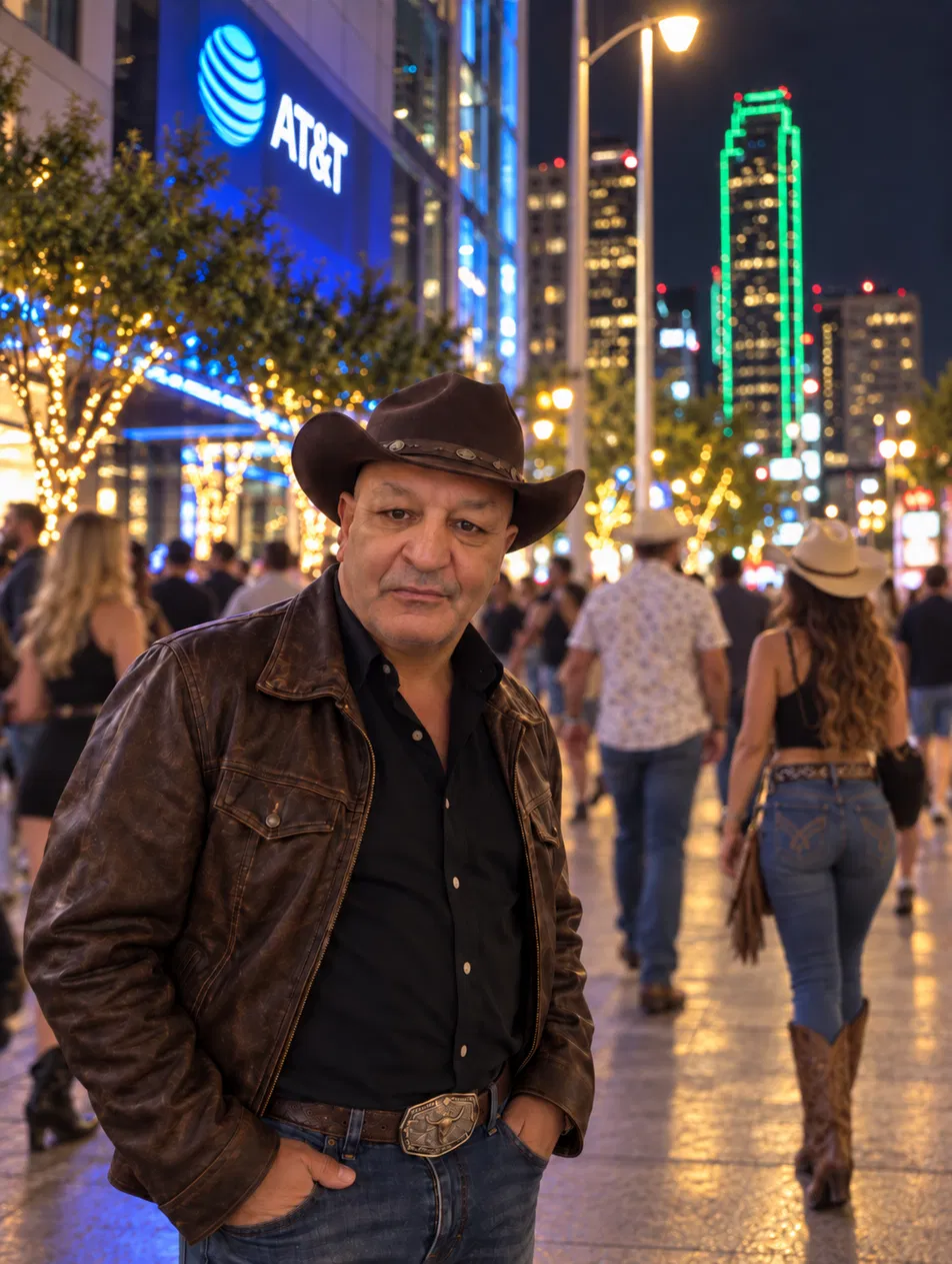 Bourbiza Mohamed, country and Americana artist, in a cowboy hat and leather jacket at night in downtown Dallas