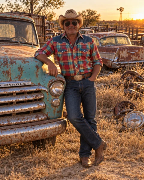 Bourbiza Mohamed, country and Americana artist, leaning on a vintage Chevrolet pickup at sunset in Texas